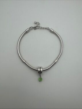 Sterling Silver Snake Chain Bracelet with Green Crystal Charm